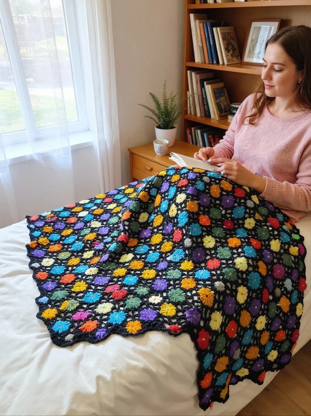 Vintage Hand Made  Multi Coloured Daisies Blanket Throw On Black Background